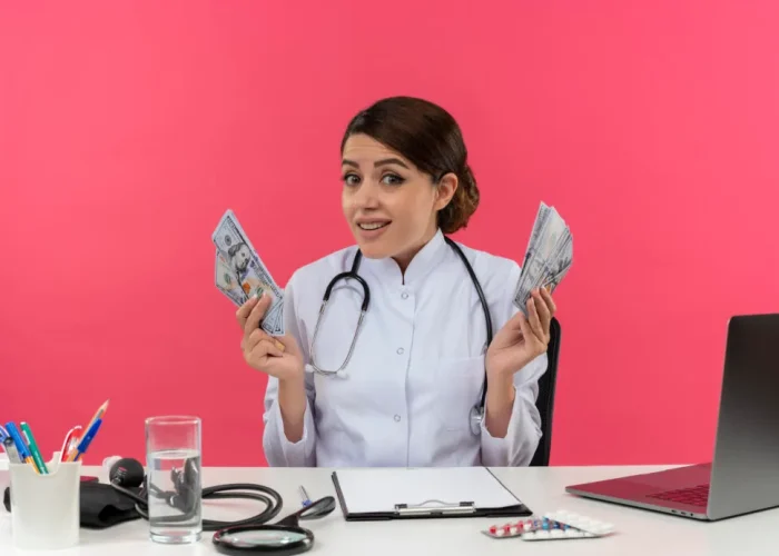 impressed-young-female-doctor-wearing-medical-robe-with-stethoscope-sitting-desk-work-computer-with-medical-tools-holding-cash-isolated-pink-wall-with-copy-space-1024x693.jpg